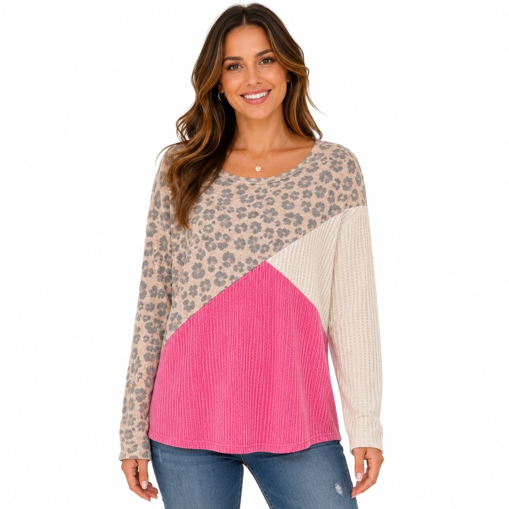 Macaron Women Leopard Colorblock Waffle Knit Long Sleeve Top Pink Grey Large